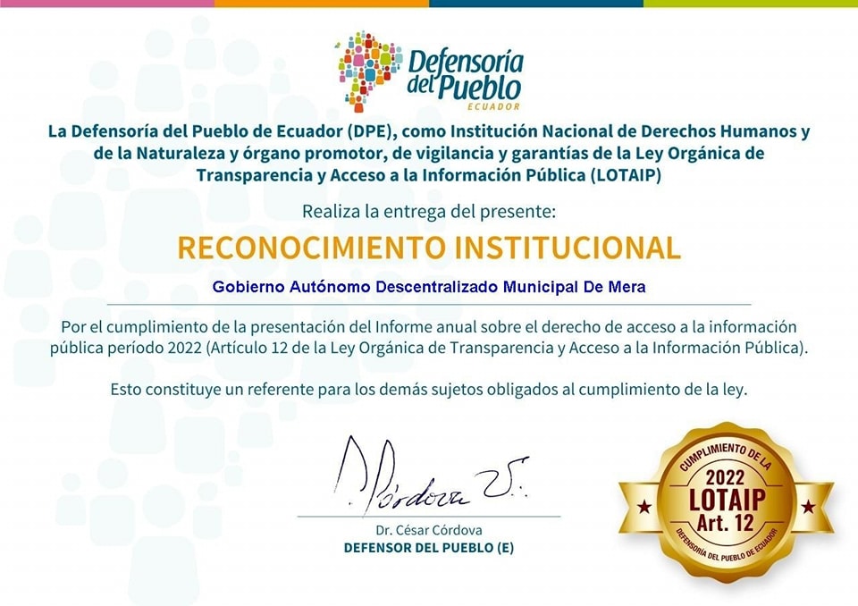Reconocimiento Defensoría del Pueblo — Cumplimiento LOTAIP 2022